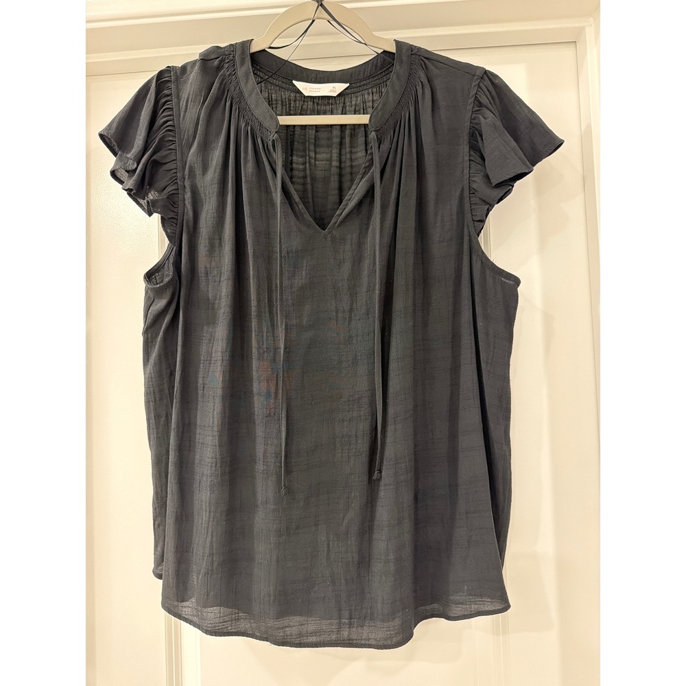 LC Lauren Conrad Blouse Womens XL Black Flutter Sleeve Tie Neck Textured Top